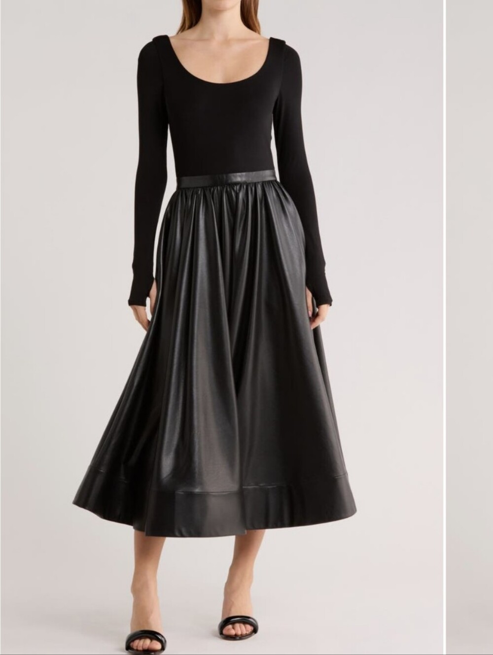 Alice + Olivia Black Long Sleeve Scoop Neck Dress with Full Midi Skirt